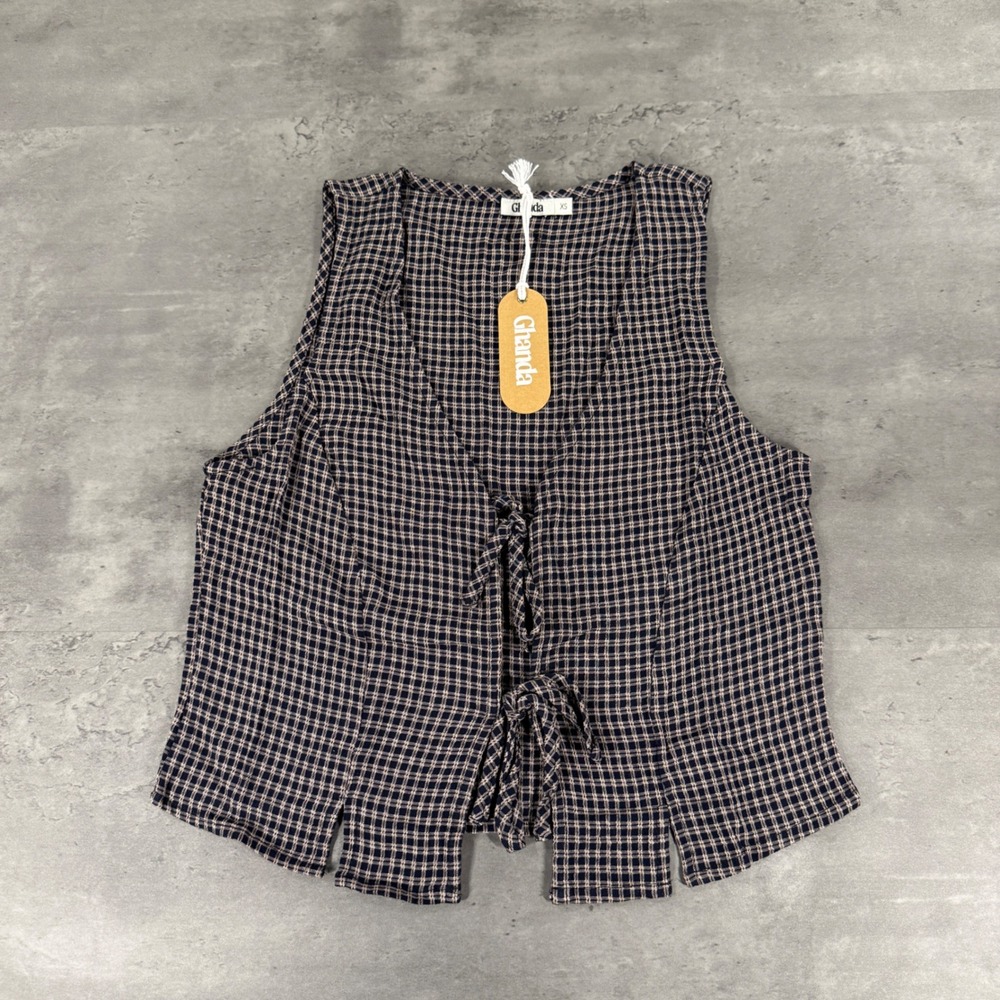 Ghanda Top Women XS Verity Silver Lake Navy Check Tie Front Sleeveless NEW $55